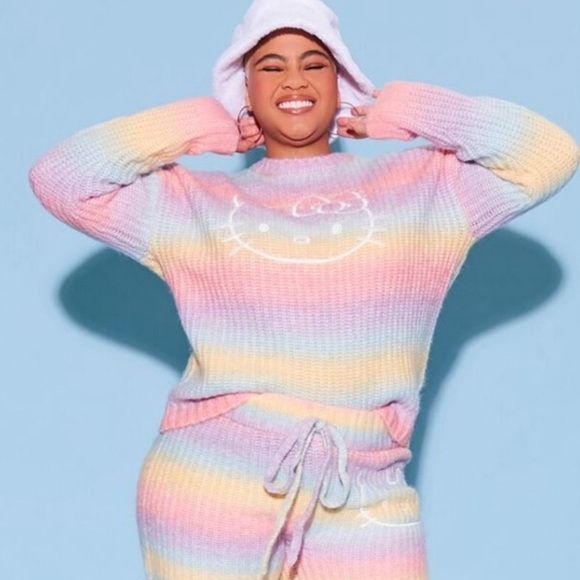 HELLO KITTY X FOREVER 21 Pastel Rainbow Gradient Wash Chunky Knit Sweater - Picture 2 of 11